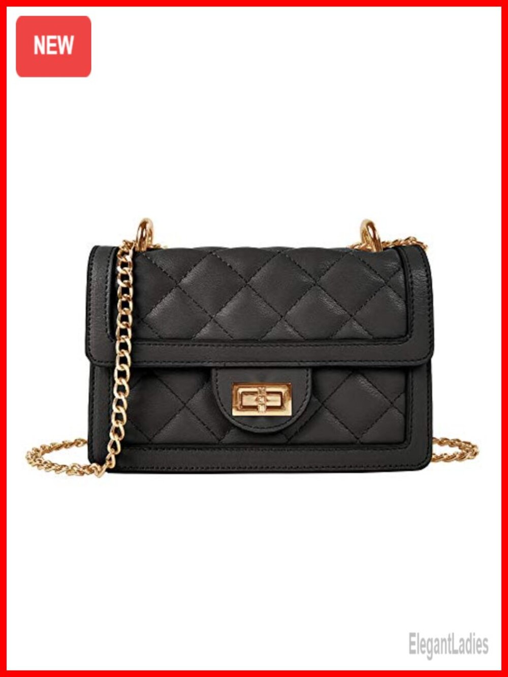Quilted Vegan Leather Crossbody Bag, Gold Chain Shoulder Purse For Women